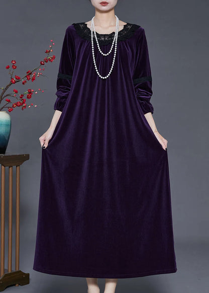 Dull Purple Patchwork Silk Velour Long Dress Oversized Fall