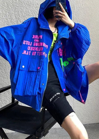 Blue Print Pockets Zippered Spring Hooded Coat