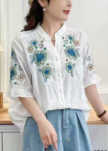 White Stand Collar Embroidered Cotton Tops Summer