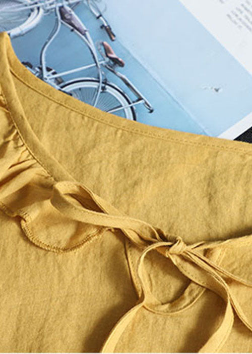 Yellow Ruffled Patchwork Linen Shirt Half Sleeve
