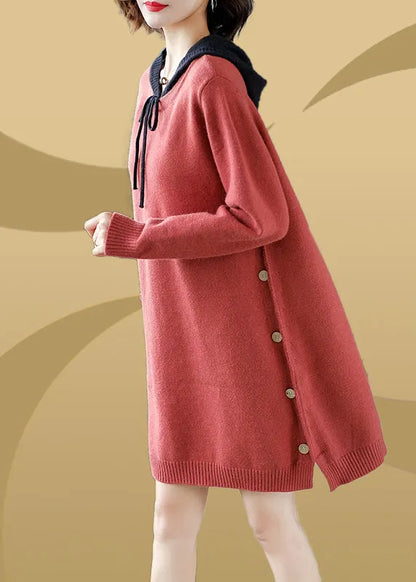 Brick Red Patchwork Button Thick Hooded Knit Woolen Sweater Dress Fall