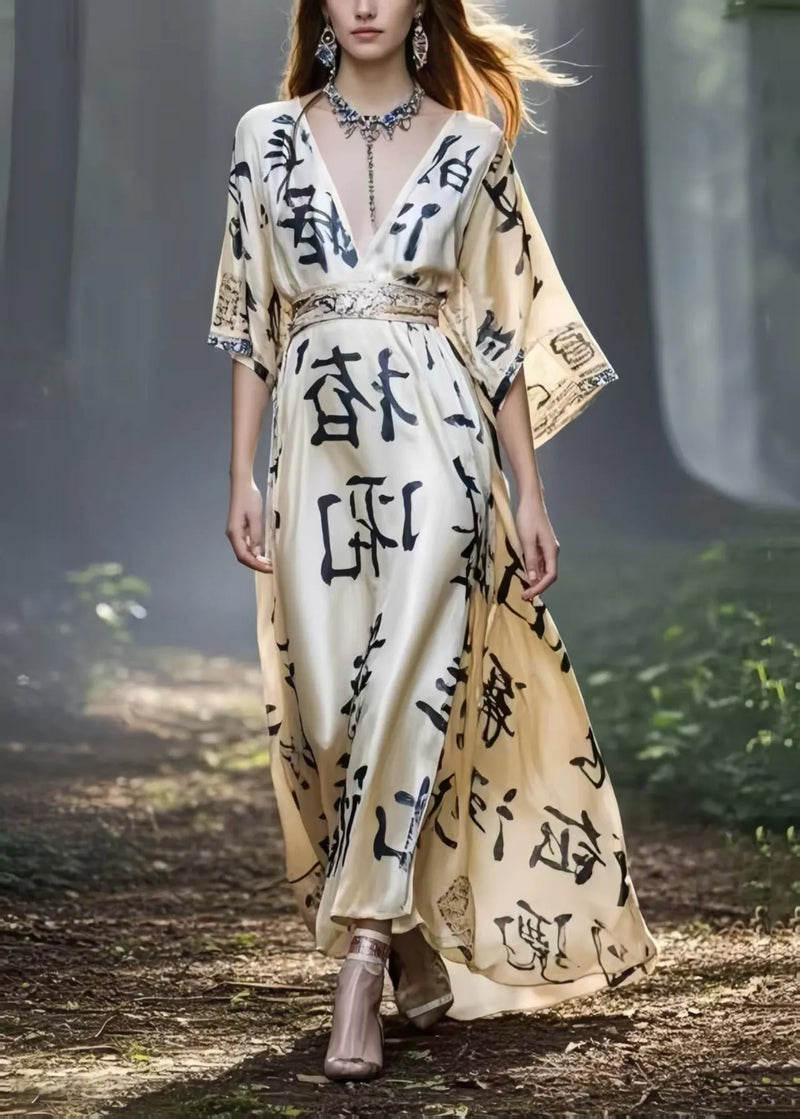 Khaki Cinched Print Silk Maxi Dresses Summer