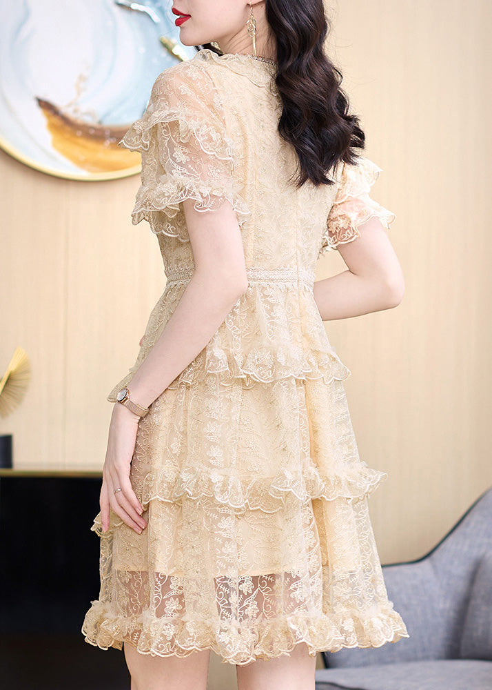 French Apricot Ruffled Embroidered Patchwork Tulle Dress Summer