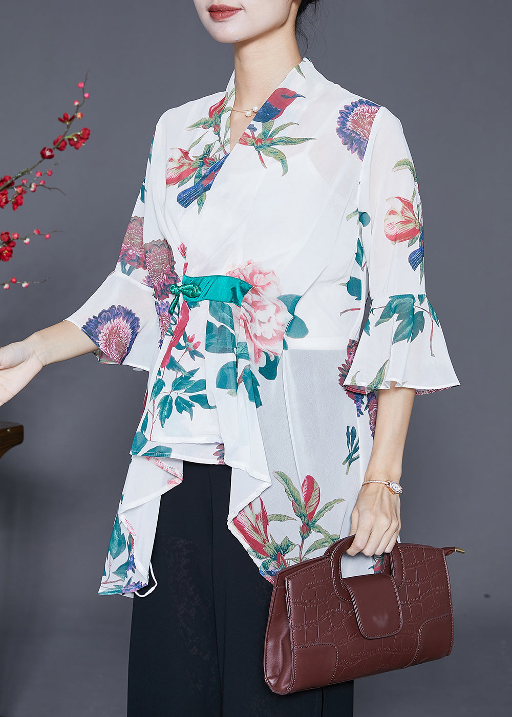 White Asymmetrical Print Chiffon Shirts Flare Sleeve