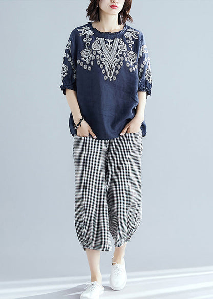 Navy Blue Embroideried Top and Harem Pants Two Pieces Set Short Sleeve