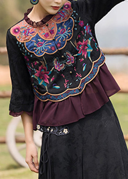 Black O-neck Embroideried Ruffled Chiffon Tops Long Sleeve