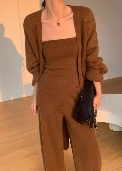 Caramel V Neck Asymmetrical Patchwork Knit Three Pieces Set Fall