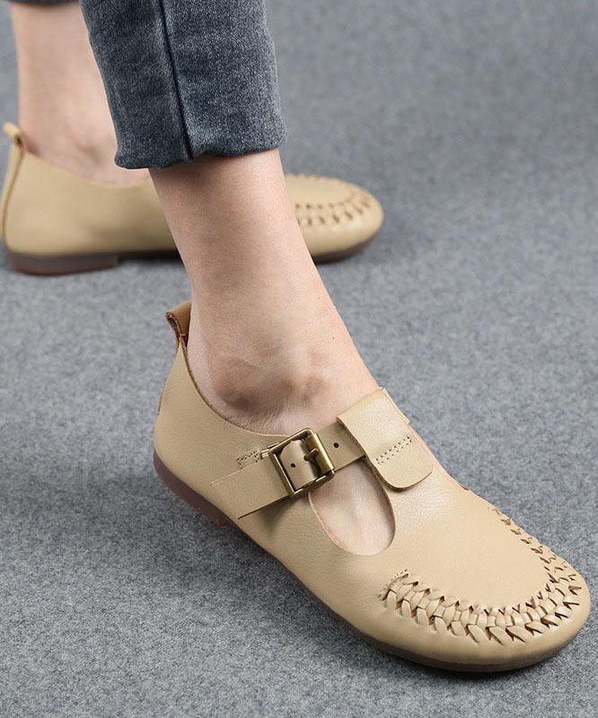 Cowhide Beige Leather Flat Shoes for Buckle Strap Hollow Out Flat Shoes