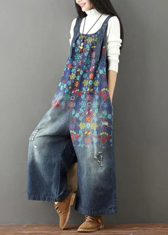 Blue Print Wide Leg Fall Romper Denim