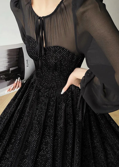 Black O-neck Tulle Drawstring Patchwork Velour Long Dresses Long Sleeve