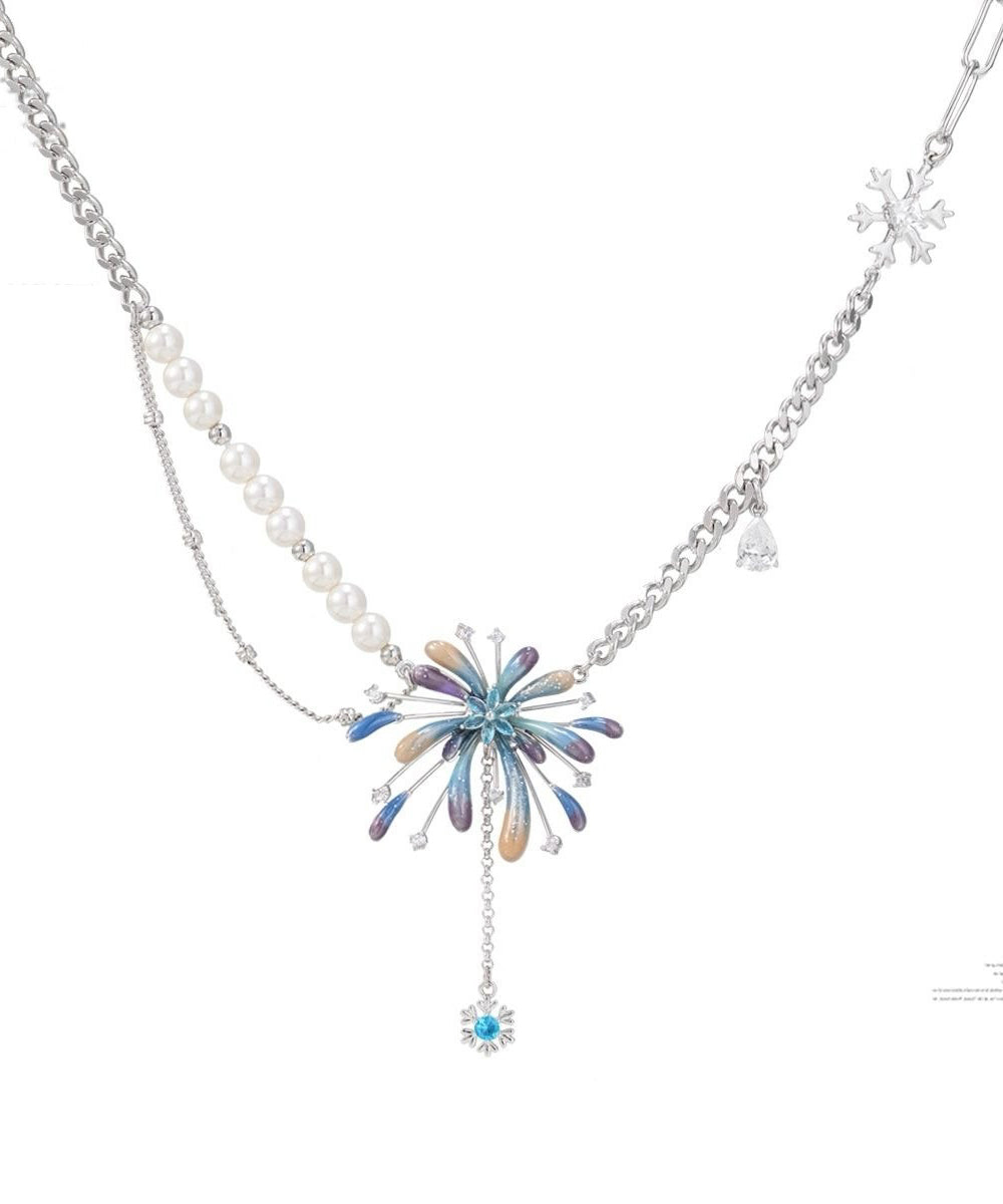 Gradient Color Rainbow Sterling Silver Zircon Fireworks Pearl Tassel Pendant Necklace
