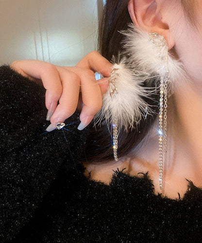White Alloy Zircon Butterfly Plume Tassel Drop Earrings