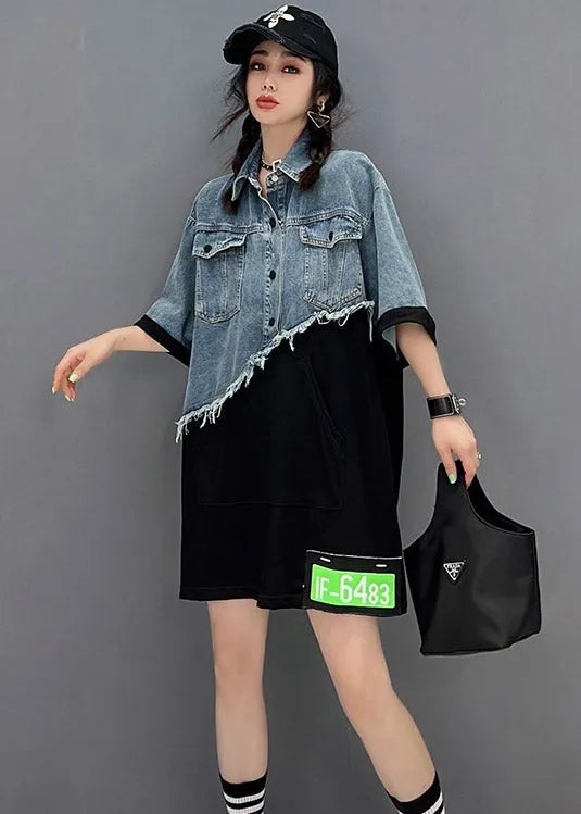 Classy Blue Asymmetrical Denim Patchwork Tulle Button Pockets Mid Dresses Short Sleeve