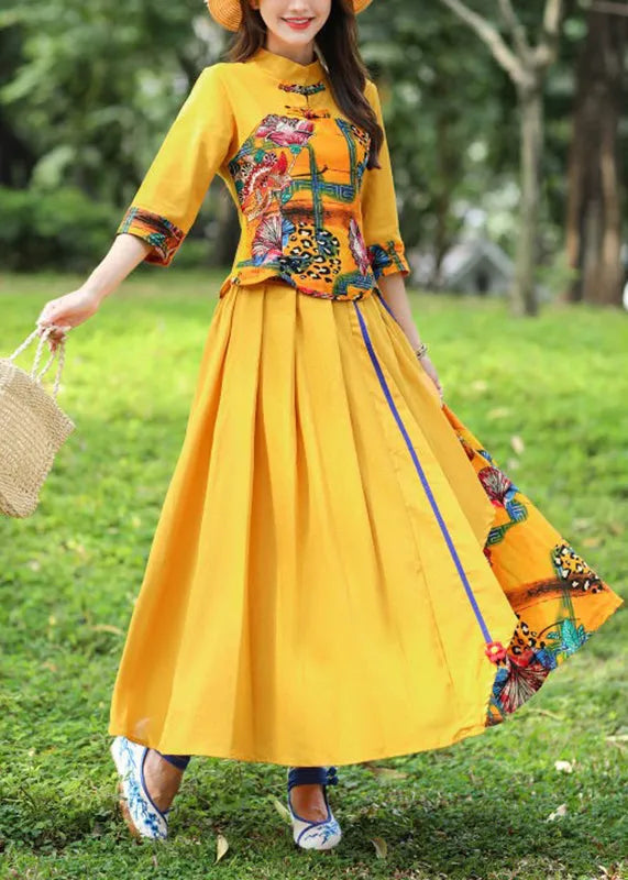Stylish Yellow O-neck Print Top and Skirts Two Piece Set Fall