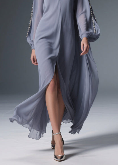 Grey Front Open Chiffon Long Dresses V Neck Spring