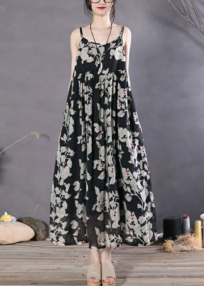 Black Print Wrinkled Spaghetti Strap Long Dress Sleeveless