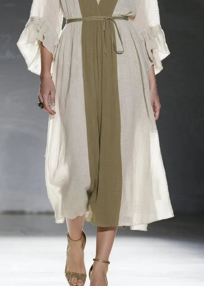 Natural White V Neck Patchwork Cotton Tunic Dresses Summer