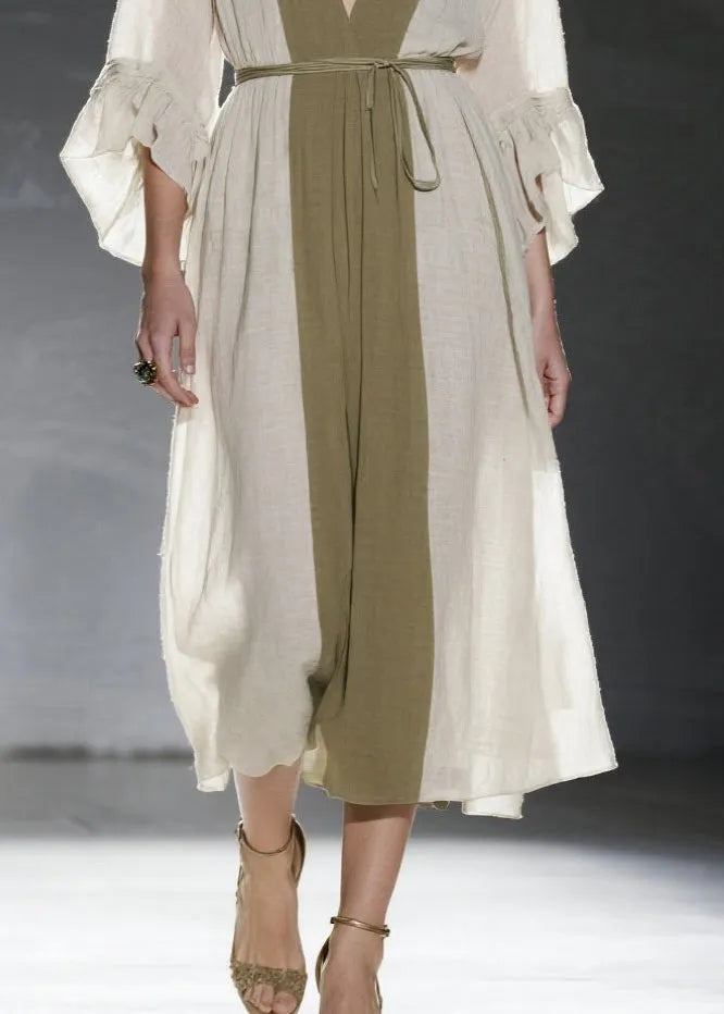 Natural White V Neck Patchwork Cotton Tunic Dresses Summer
