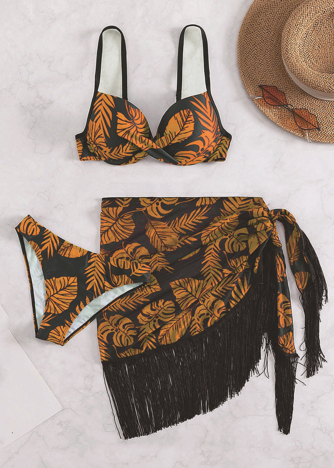 Unique Brown Print Tassel Swimwear Three Pieces Set