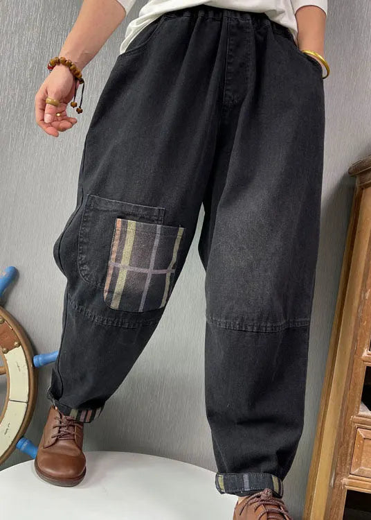 Fine Black Retro Patchwork Denim Pants Spring