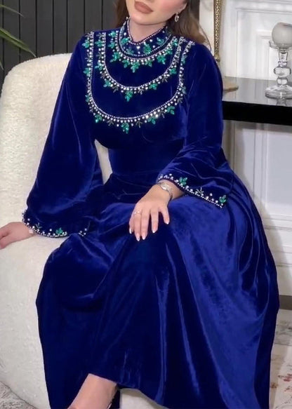 Blue Zippered Zircon Silk Velour Long Dress Long Sleeve