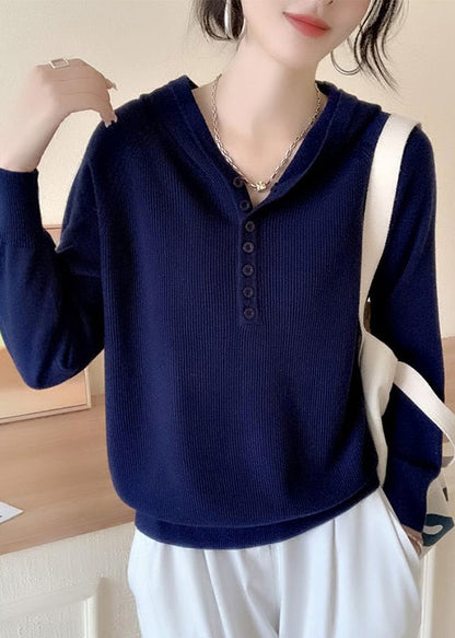 Green Button Hooded Knit Sweaters Spring