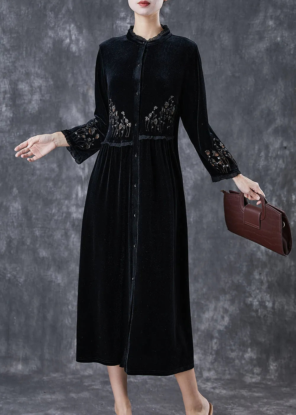 Black Embroideried Ruffled Silk Velour Dress Spring