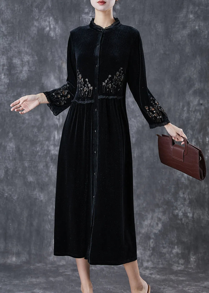 Black Embroideried Ruffled Silk Velour Dress Spring