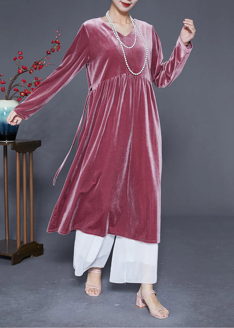 Brick Red V Neck Patchwork Silk Velour Maxi Dresses Spring