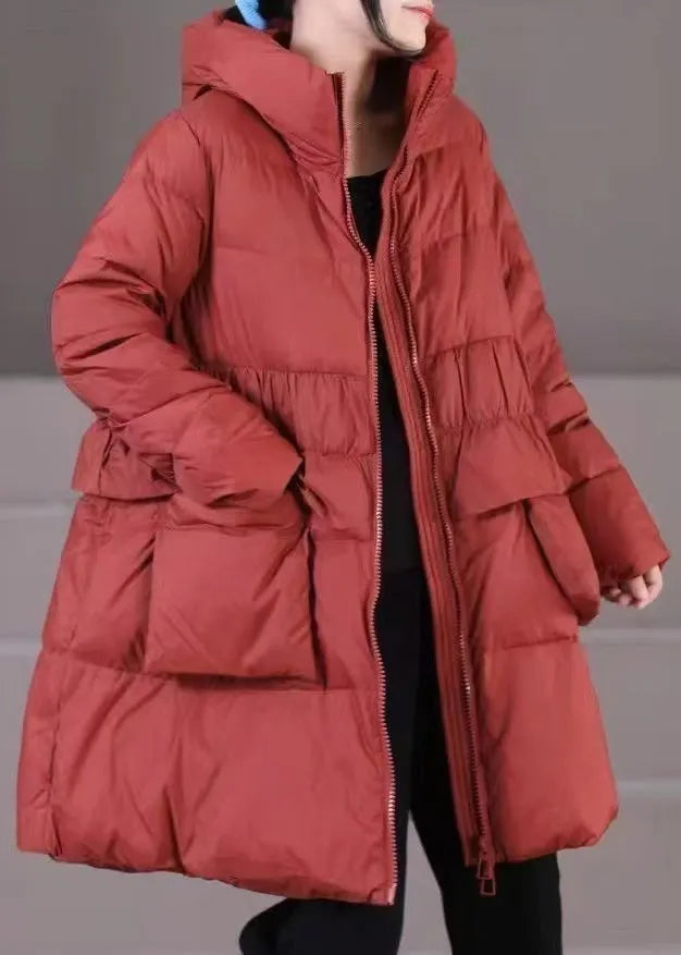Khaki Hooded Zippered Pockets Down Coats Winter