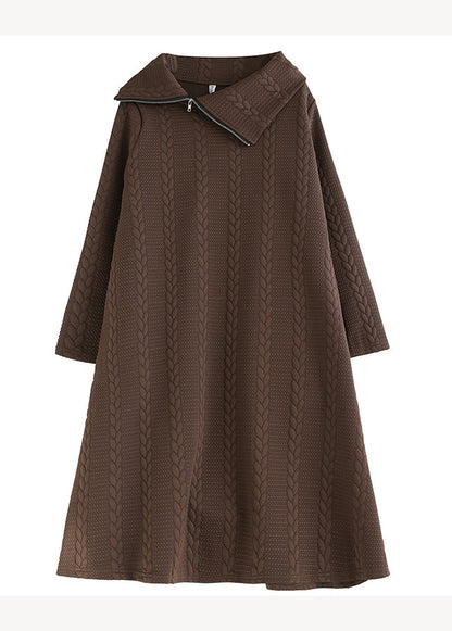 Coffee Cotton Long Dresses Asymmetrical Hign Neck Fall