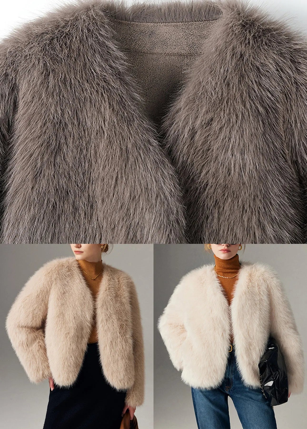 Classy Beige V Neck Warm Leather and Fur Coat Winter
