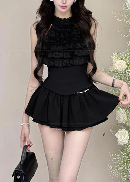 Black Ruffled Tops and Skirts Cotton Two Pieces Set Sleeveless