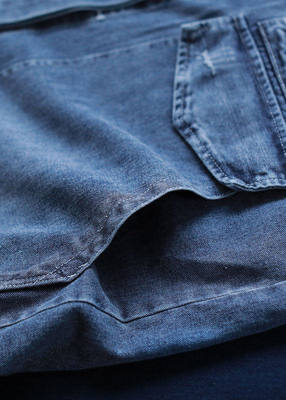 Unique Blue Pockets Button Loose Fall Denim Long Sleeve Coats Trench Coats