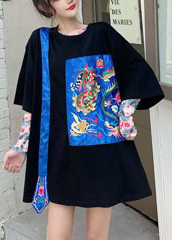 Black O-neck Embroideried Tops Half Sleeve