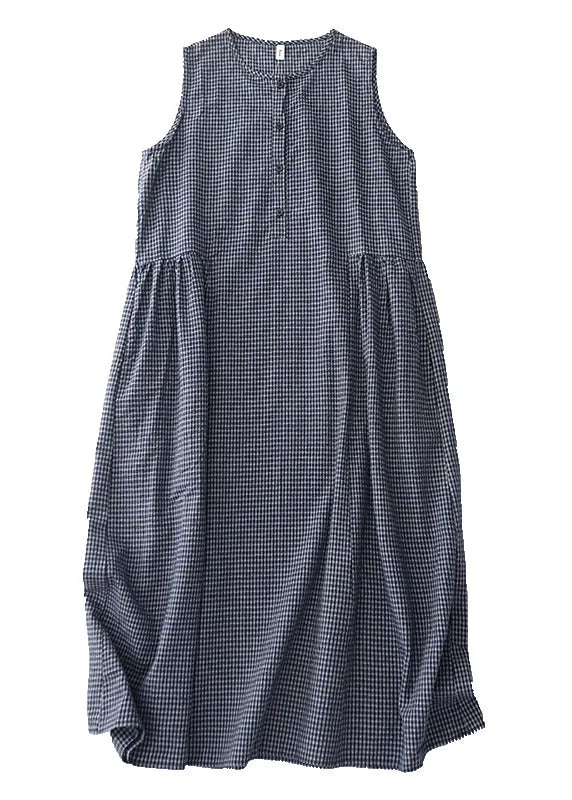 Classy Grey Oversized Plaid Linen Maxi Dresses Sleeveless