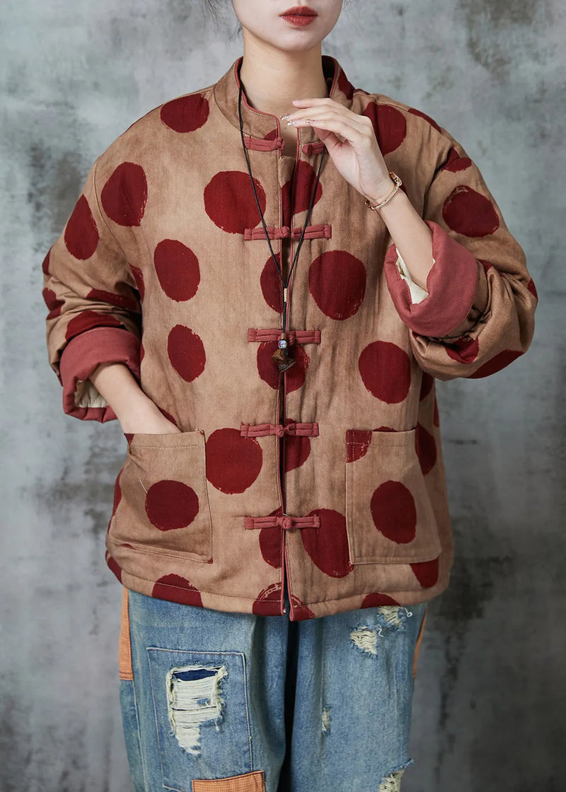 Orange Print Chinese Button Fine Cotton Filled Coat Winter
