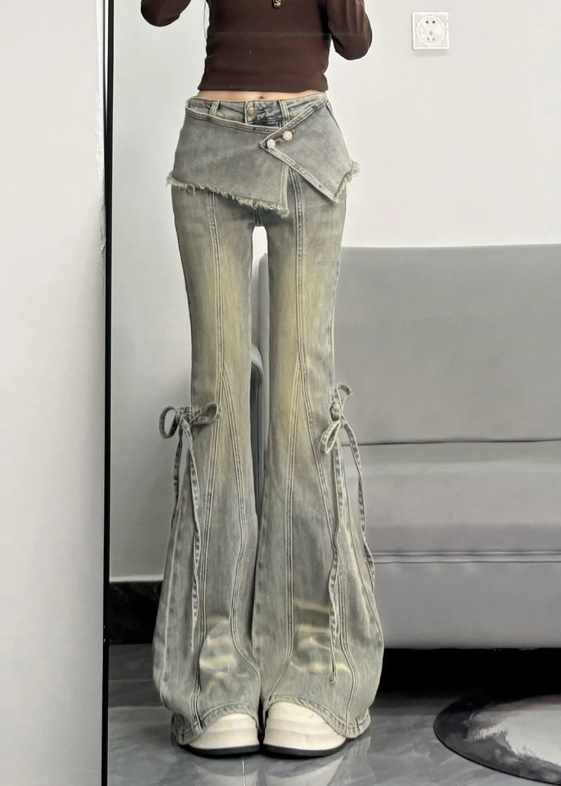 Silm Fit Light Blue Denim Flare Bottoms Pants Skirt Spring
