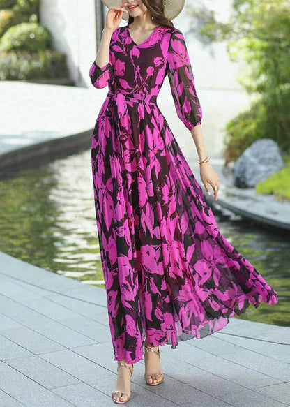 Rose V Neck Print Wrinkled Chiffon Dresses Summer