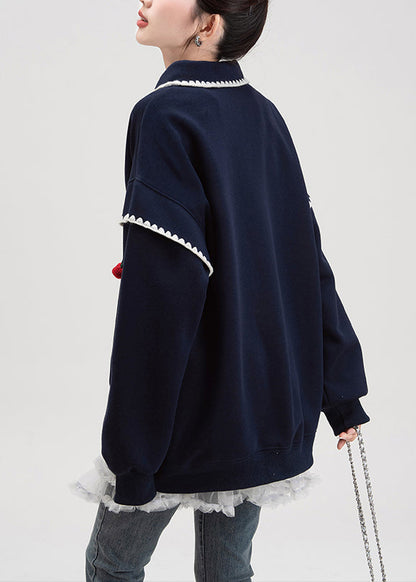 Loose Navy Button Print Cotton Pullover Fall