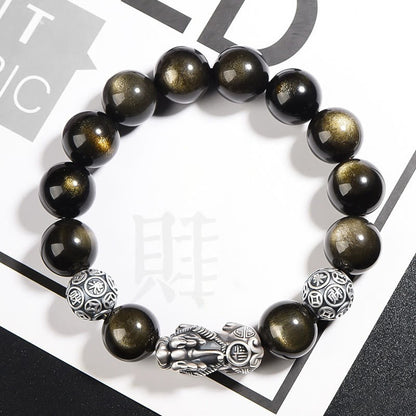 Buddha Stones 925 Sterling Silver Natural Gold Sheen Obsidian Pixiu Wealth Protection Bracelet