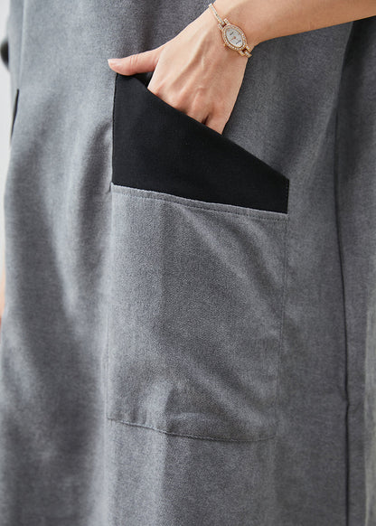Grey Turtle Neck Patchwork Cotton Long Dress Fall