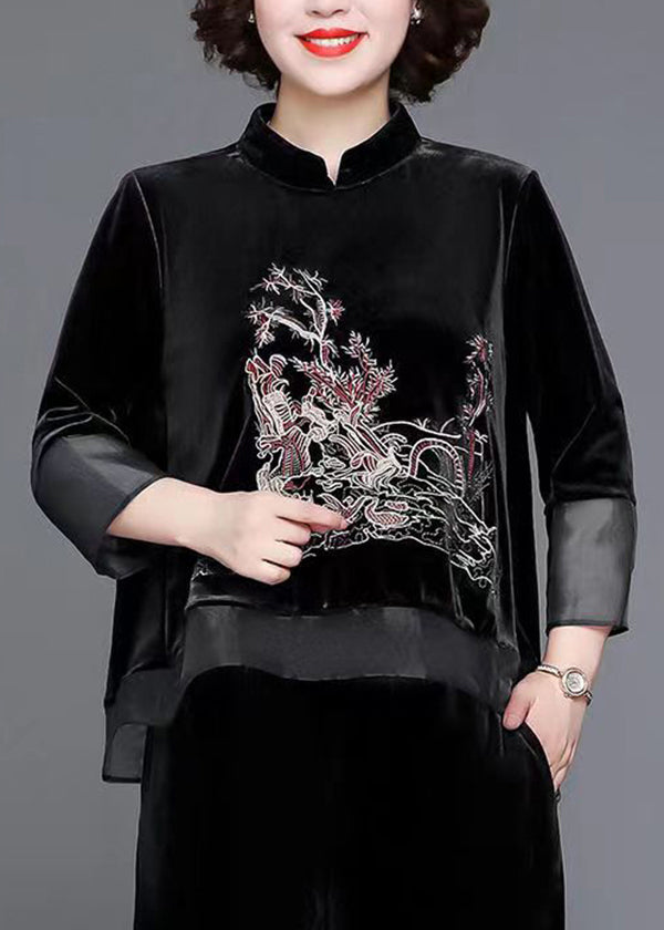 Black Stand Collar Patchwork Velour Two Pieces Set Fall