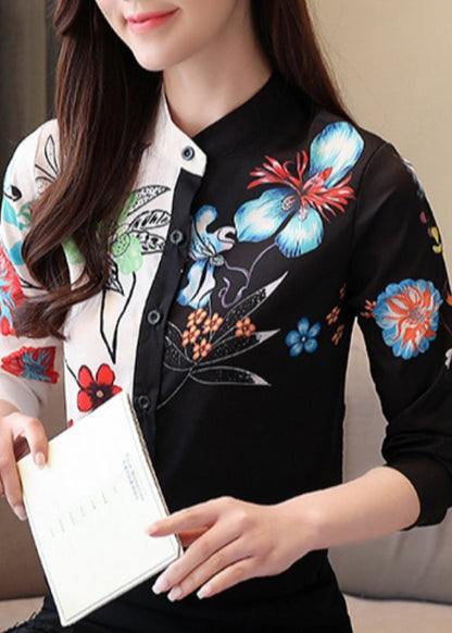 Colorblock Stand Collar Print Button Chiffon Shirts Long Sleeve