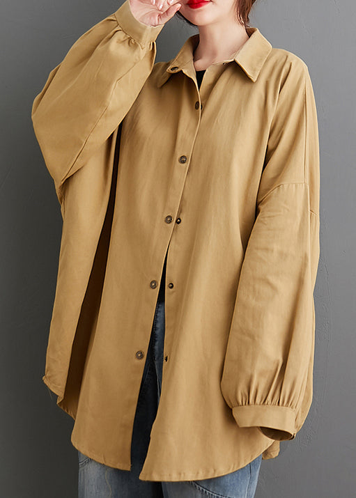 Khaki Peter Pan Collar Wrinkled Patchwork Cotton Blouses Fall