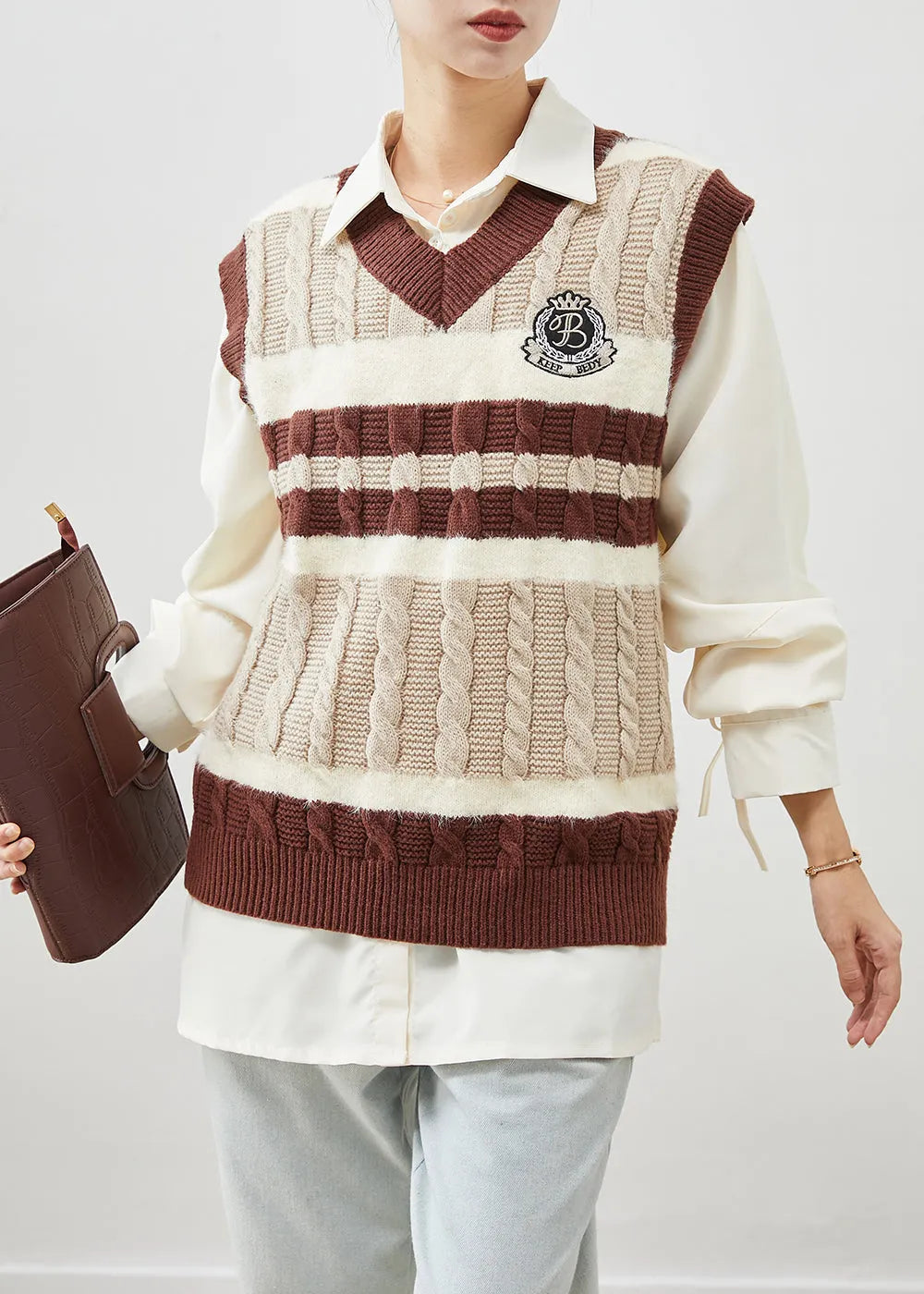 Khaki V Neck Patchwork Knit Vest and Shirt Two Pieces Set Winter