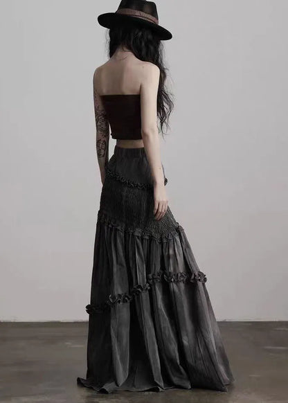 French Grey Ruffled Patchwork Cotton Wraped Skirts Spring