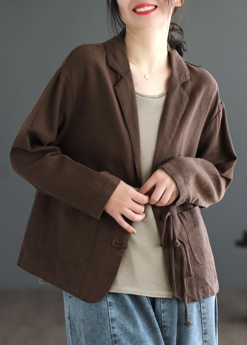 Brown Tasseled Button Pockets Patchwork Linen Coats Fall