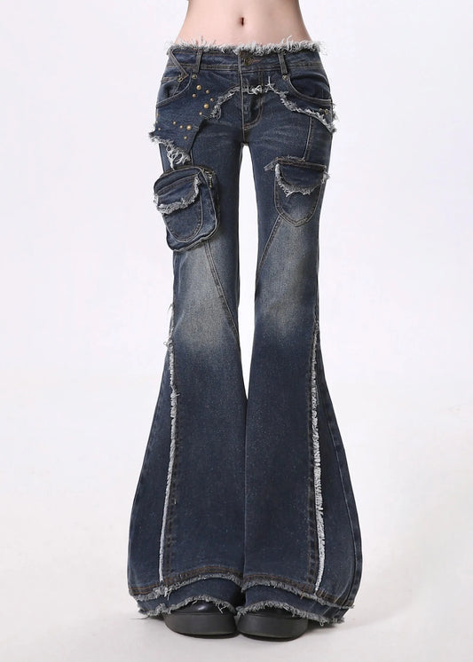 Navy Tasseled Patchwork Pockets Denim Flare Bottoms Pants Spring