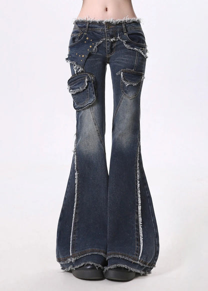 Navy Tasseled Patchwork Pockets Denim Flare Bottoms Pants Spring